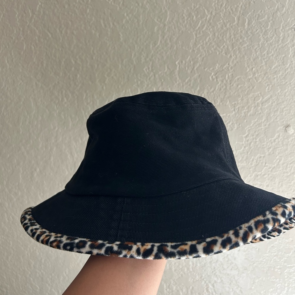 Brandy Melville Black Bucket Hat with Leopard Edge Print